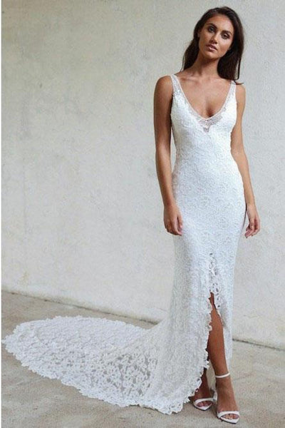 Mermaid V-Neck Backless Court Train Lace Wedding Dress with Split DMR38