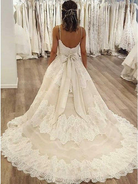 A-Line Spaghetti Straps Ivory Sweep Train Wedding Dress with Lace Bowknot DMR13