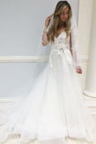 A-Line V-Neck Long Sleeves Sweep Train Elegant Wedding Dress with Lace Appliques DMR15