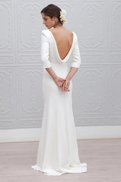 Simple Sheath Bateau Backless 3/4 Sleeves Sweep Train Beach Wedding Dress DMS35