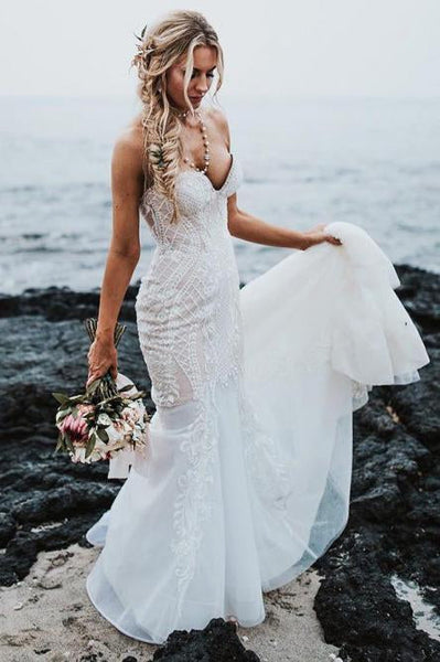 Mermaid Sweetheart Sweep Train Elegant Wedding Dress with Lace Appliques DMR77