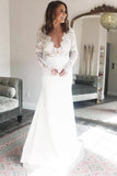 Sheath V-Neck Long Sleeves Deep V Neck Wedding Dress with Lace Top DMR76