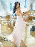 A-Line Halter Backless Light Pink Chiffon Beach Wedding Dress with Appliques Ruffles DMR83