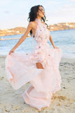 A-Line Halter Backless Light Pink Chiffon Beach Wedding Dress with Appliques Ruffles DMR83