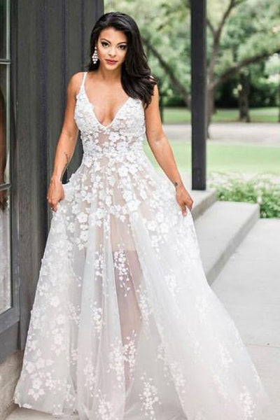 A-Line Spaghetti Straps Floor-Length V Neck Wedding Dress with Appliques DMS28