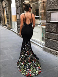 Mermaid Spaghetti Straps Sweep Train Black Prom Dress with Floral Embroidery DMK65