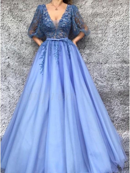 A-Line V-Neck Half Sleeves Tulle Prom Dress with Appliques DMQ94