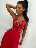 A-Line Spaghetti Straps Red Chiffon Prom Dresses with Lace Split DML33