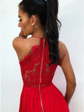 A-Line Spaghetti Straps Red Chiffon Prom Dresses with Lace Split DML33