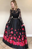 Two Piece Crew Long Sleeves Black Floral Printed Prom Dress with Lace DML34