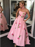 A-Line Sweetheart Strapless Pink Long Prom Dress With Embroidery Pockets DMK63