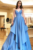 Simple A-Line Spaghetti Straps Blue Satin Tiered Prom Dress DML83