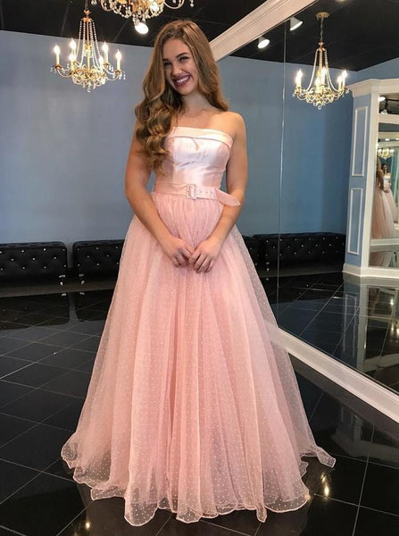 A-Line Strapless Floor-Length Pink Tulle Prom Dress with Belt DML67