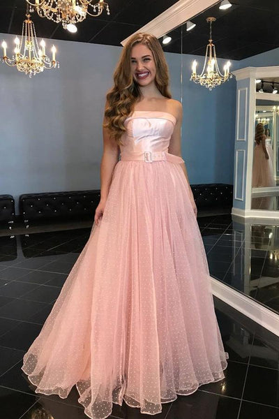 A-Line Strapless Floor-Length Pink Tulle Prom Dress with Belt DML67