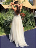 A-Line V-Neck Backless Floor-Length Ivory Tulle Prom Dress with Beading DMN20