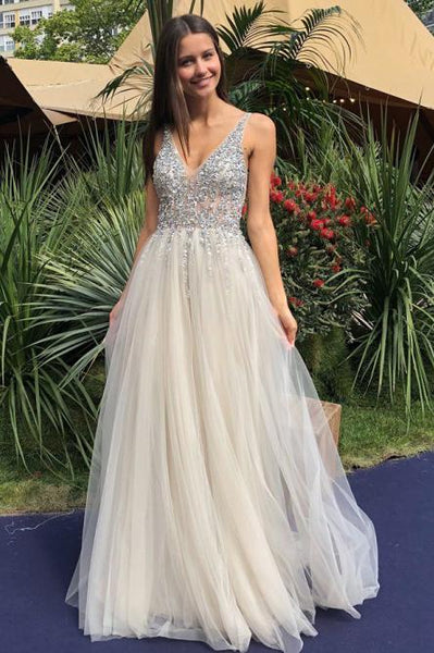 A-Line V-Neck Backless Floor-Length Ivory Tulle Prom Dress with Beading DMN20