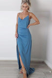 Sheath Spaghetti Straps Sweep Train Blue Simple Prom Dress with Split DMK62