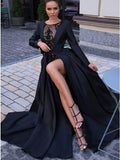 A-Line Round Neck Long Sleeves Black Long Prom Dress DMK61