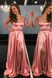 A-Line Spaghetti Straps Sweep Train Pink Prom Dress with Split DMN18