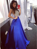 A-Line Halter Backless Sweep Train Royal Blue Prom Dress with Beading Pockets DMN33