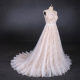 A Line Lace Sleeveless Elegant Wedding Dress, Backless Long Bridal Dresses DMQ27