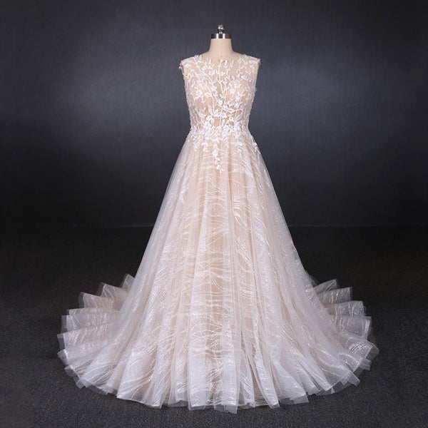 A Line Lace Sleeveless Elegant Wedding Dress, Backless Long Bridal Dresses DMQ27