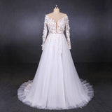 A Line Tulle Lace Appliques Long Sleeves Wedding Dress, Cheap Bridal Dresses DMQ28