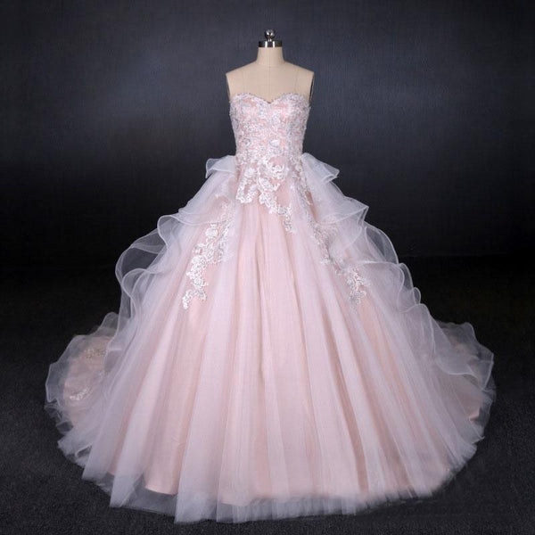 Romantic Pearl Pink Ball Gown Wedding Dress, Sweetheart Appliques Bridal Gown DMQ24