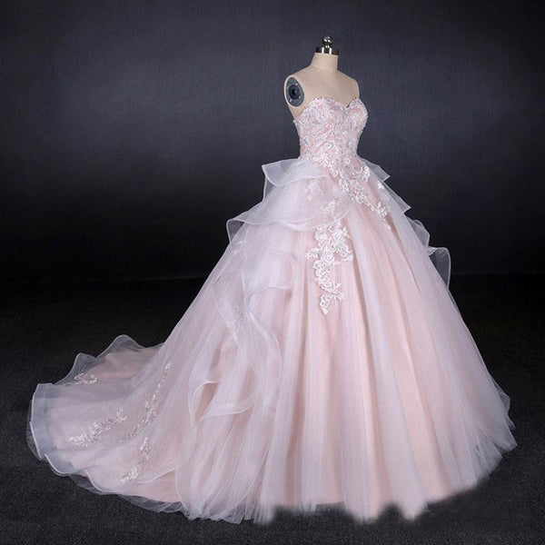 Romantic Pearl Pink Ball Gown Wedding Dress, Sweetheart Appliques Bridal Gown DMQ24