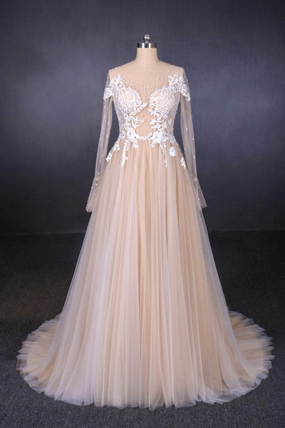 Charming A Line Long Sleeves Lace Appliques Tulle Wedding Dress DMQ30