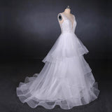 A Line V Neck Layered Backless Wedding Dress, Long Bridal Gown DMQ23