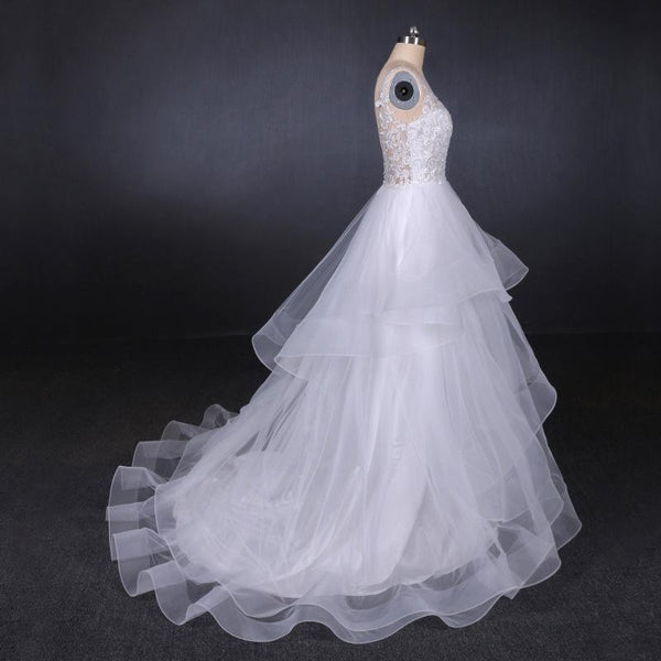 A Line V Neck Layered Backless Wedding Dress, Long Bridal Gown DMQ23