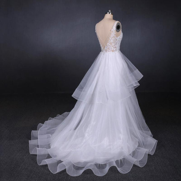 A Line V Neck Layered Backless Wedding Dress, Long Bridal Gown DMQ23