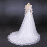 A Line Tulle Lace Appliques Long Sleeves Wedding Dress, Cheap Bridal Dresses DMQ28