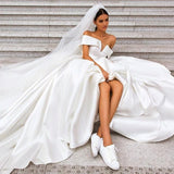 Off the Shoulder White Ball Gown Simple Wedding Dress, Satin Bridal Gown DMQ20