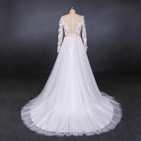 A Line Tulle Lace Appliques Long Sleeves Wedding Dress, Cheap Bridal Dresses DMQ28