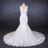 Sweetheart Mermaid Lace Appliques Button Back Long Wedding Dress DMQ29