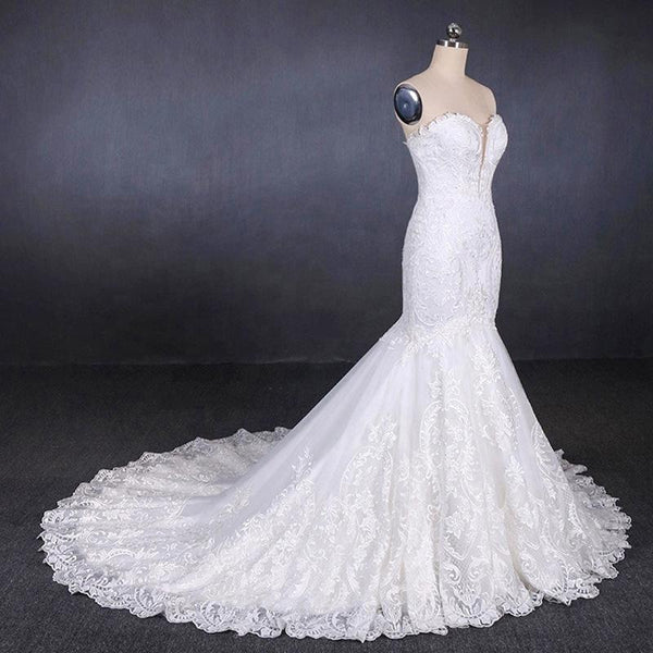 Sweetheart Mermaid Lace Appliques Button Back Long Wedding Dress DMQ29