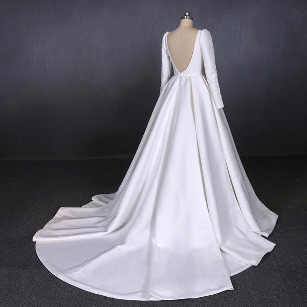 Simple A Line Long Sleeves Satin Wedding Dress, New Arrival White Long Bridal Gown DMQ13