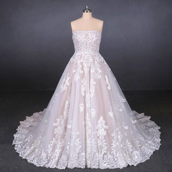 A Line Strapless Lace Appliques Wedding Dress, Cheap Bridal Dresses DMQ16