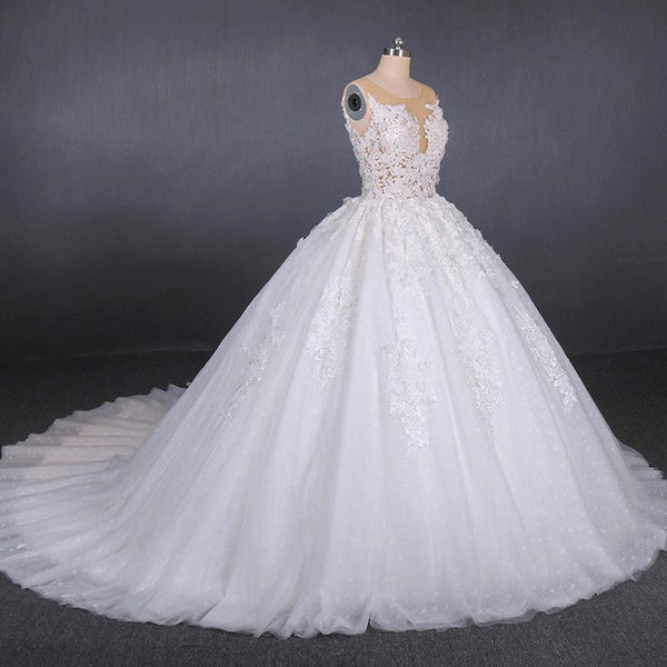 White Appliques Tulle Ball Gown Princess Wedding Dress, Bridal Gown DMQ31