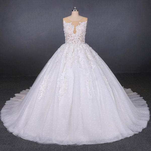 White Appliques Tulle Ball Gown Princess Wedding Dress, Bridal Gown DMQ31