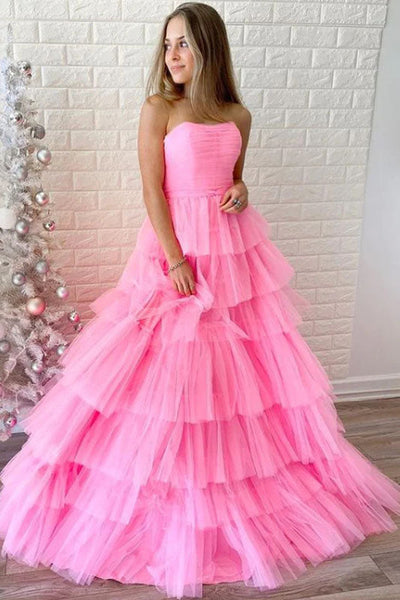 Elegant A-line Tulle Starpless Layers Long Prom Dresses Evening Dresses DMP240