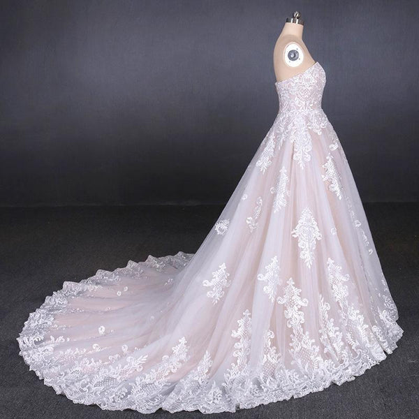 A Line Strapless Lace Appliques Wedding Dress, Cheap Bridal Dresses DMQ16