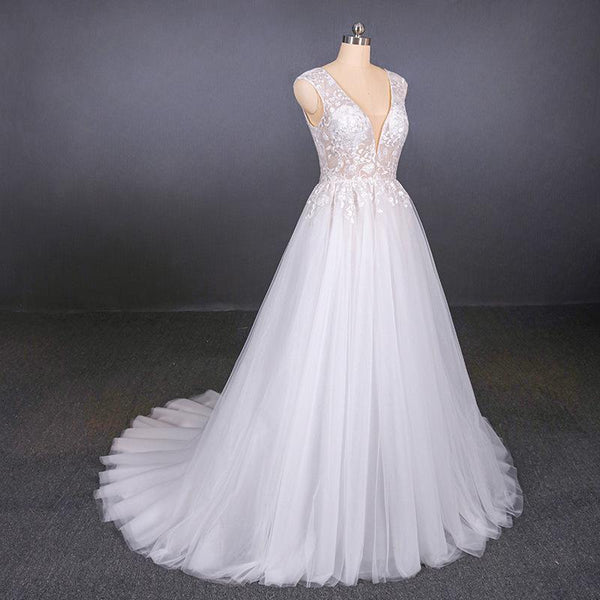 Stunning A Line V Neck Tulle Lace Appliques Wedding Dresses, Bridal Dress DMQ12