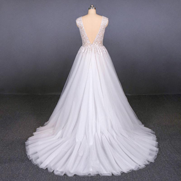 Stunning A Line V Neck Tulle Lace Appliques Wedding Dresses, Bridal Dress DMQ12