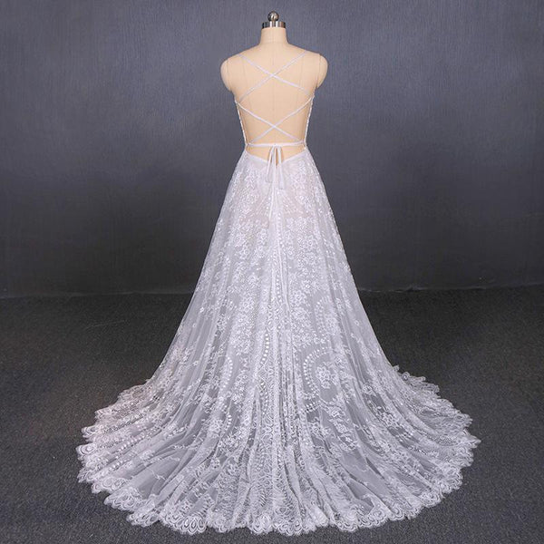 A Line Spaghetti Straps Long Elegant Wedding Dresses With Lace DMQ11