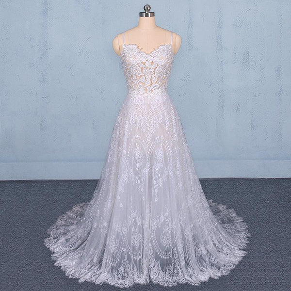 A Line Spaghetti Straps Long Elegant Wedding Dresses With Lace DMQ11