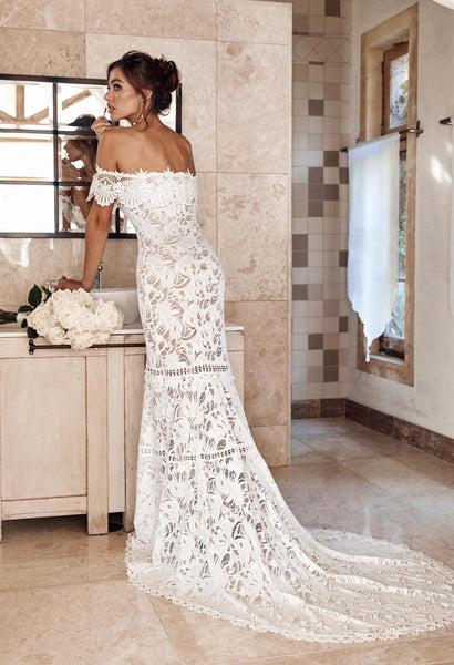 Off the Shoulder Lace Mermaid Wedding Dress, Cheap Bridal Dress DMP72