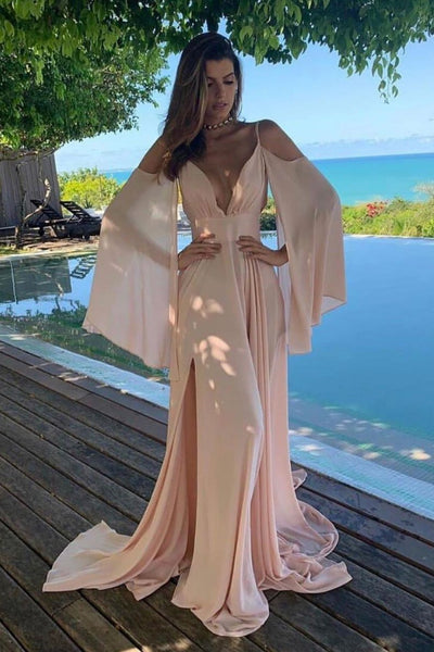 Simple Cold Shoulder Chiffon Long Prom Dress Pink Slit Evening Dress DMQ49